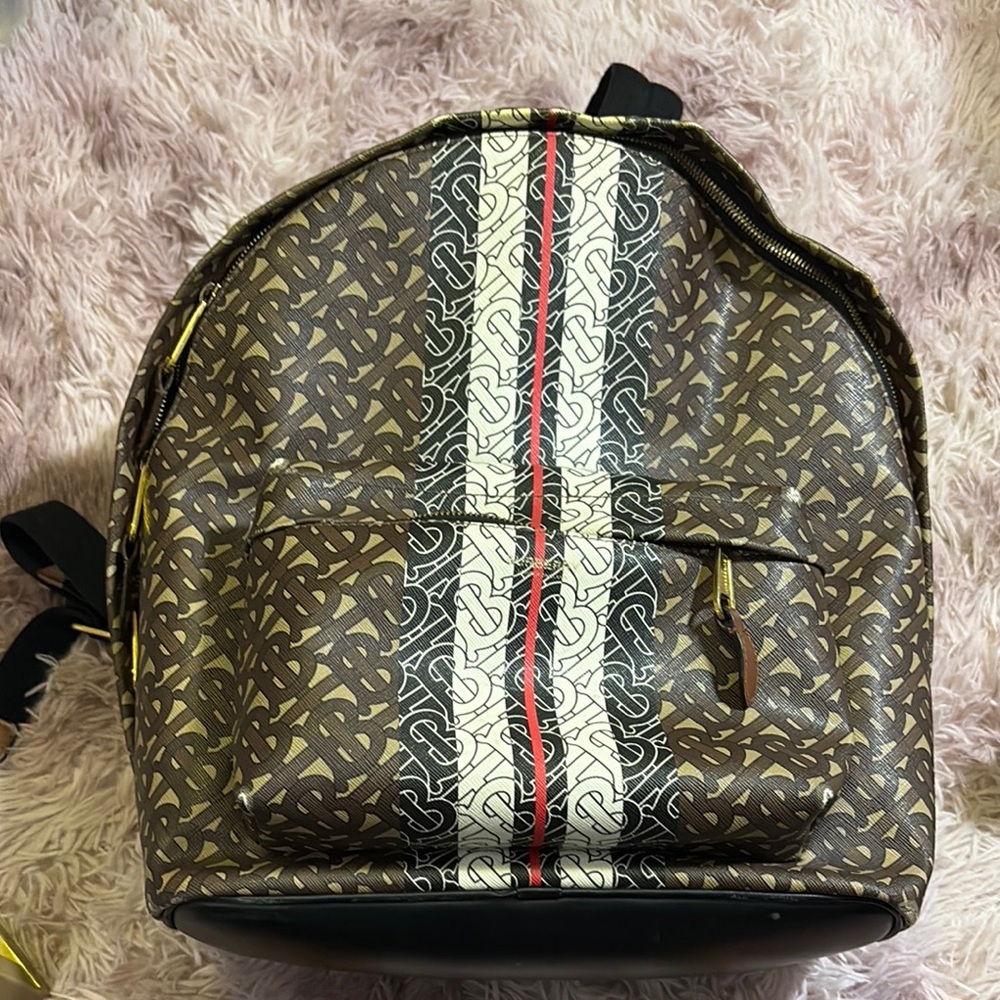 Burberry Brown and White Backpack with Monogram Design